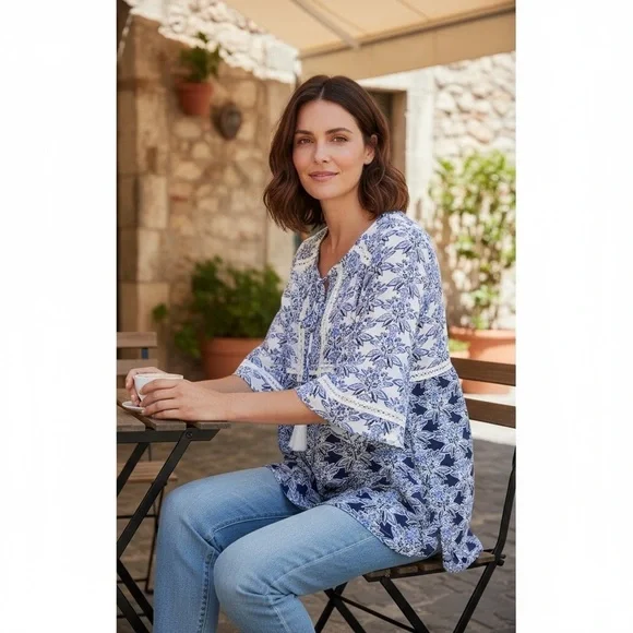 NWT Crepe Crochet Trim Peasant Top - Picture 2 of 7